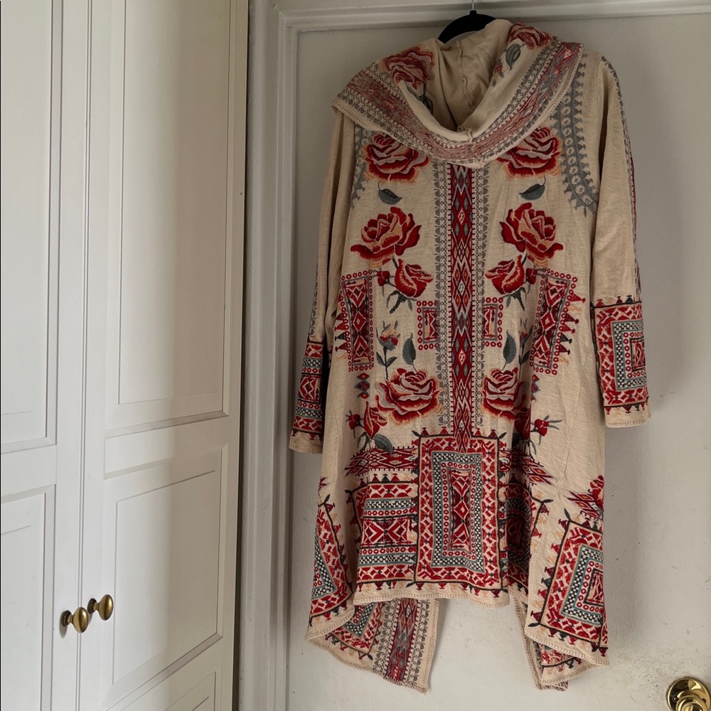 Johnny Was XL MIDI hoodie 💯% cotton heavily  embroidered draped wrap jacket - Picture 3 of 16